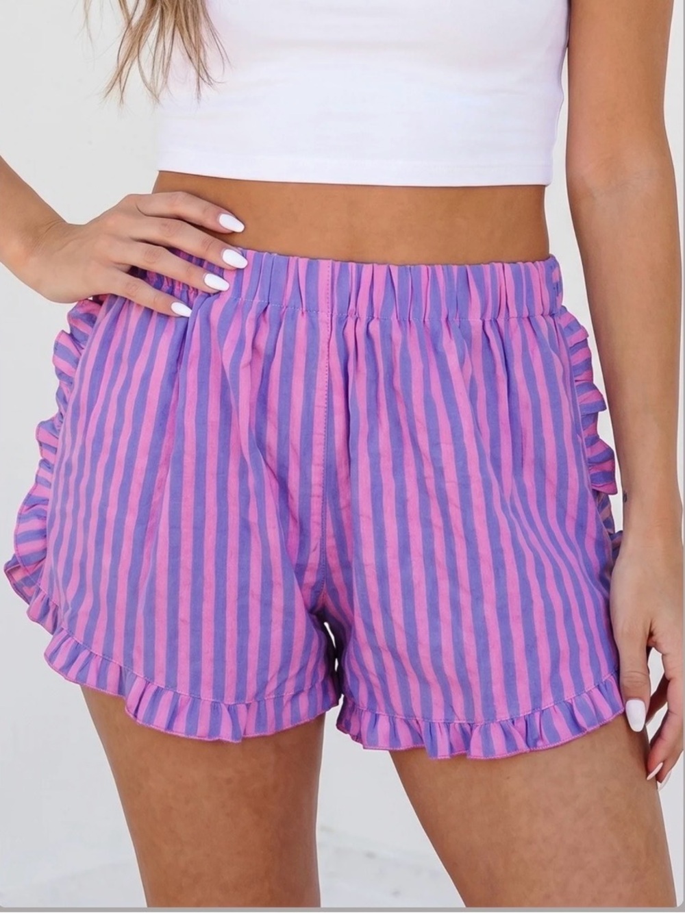Striped Pink & Purple Ruffle Hem Women's Shorts